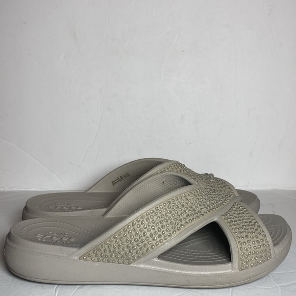 CROCS Gray Sloane Diamante Embellished Cross Strap Wedge Slide Sandals - Picture 5 of 8